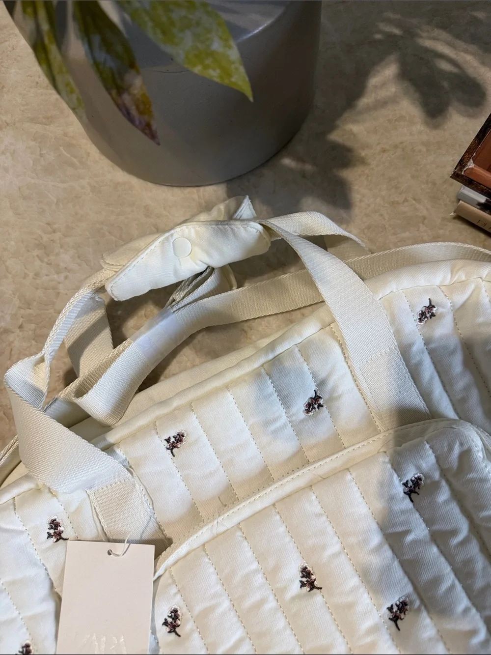 Zara Cream Quilted Kids diaper Shoulder Bag with Brown Floral Embroidery